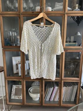 Vintage Beta’s Choice Crochet Sequin Short-Sleeve Cardigan - Beige